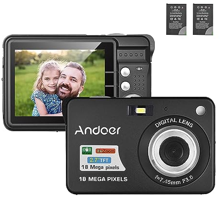Andoer Digital Camera, 18MP Compact Camera with 2.7 LCD Screen, 8X Digital Zoom Anti-Shake Vlogging Camera with 2 Batteries, Portable Digital Camera for Kids Teen Adult Beginner, Black