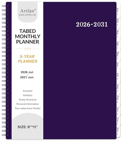 Monatsplaner 2026-2030, 5-Jahresplaner von Jan. 2026-Dez.2030, 60-Monatsplaner, 22,9 x 27,9 cm, Monatskalender 2026-2030, mit Registerkarten, doppelseitiger Tasche, robuster Polypropylen-Einband