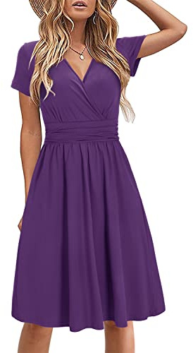 STYLEWORD Robe d'été à Manches Courtes pour Femme Robe d'été à col en V Floral Wrap Taille Robe décontractée avec Poches(Violet,XL)