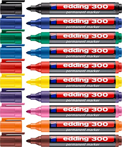 edding 300 Permanentmarker -10 Farben - 10 Stifte - Rundspitze 1,5-3 mm - wasserfest, schnell-trocknend - wischfest - für Karton, Kunststoff, Glas, Holz, Metall, Glas