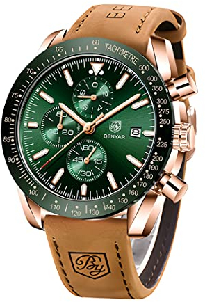 BENYAR Men's Watches Quartz Sports Chronograph Fashion Business Luxury Brand Waterproof Watch Analog Date Men's Brown Leather Watch for Men (5140 Gold Green)