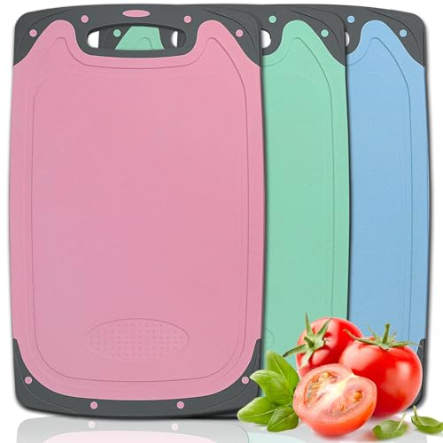 Schneidebrett Kunststoff 3er Set, Schneidebretter BPA Frei mit Saftrille & Knoblauchpresse Rille, Frühstücksbrettchen Schneidbrett Rutschfest, Küchenbrett für Obst/Gemüse/Fleisch (Rosa + Grün + Blau)