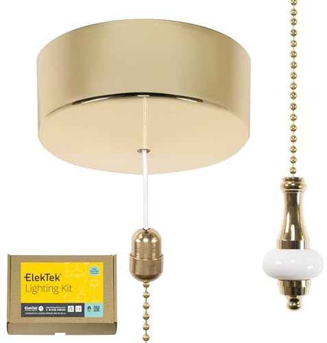 ElekTek UK Safety Approved Polished Brass Bathroom Light Pull Switch Kit, Metal & Ceramic White Disc Fob + Brass Chain, EN 60669-1 & CE Mark, Earth Terminal, 6A 250V, 1 or 2 Way, Wiring Instructions