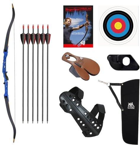 Drake Chroma - 68 Zoll - 20, 28, 34 lbs - Recurvebogen - auch inkl. Zubehör, Anfängerbogen, Tunierbogen, Bogenschießen (28 lbs, Blau inkl. Zubehör)