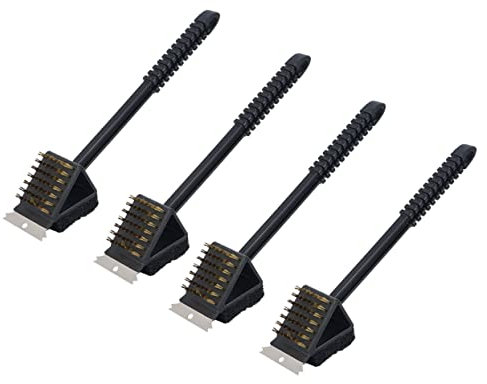 Sosoport 4 Stück Grill Reinigungsbürsten mit Langem Griff Dreieckbürste aus Edelstahl und Kupferdraht Rutschfestes Design und Abwischfunktion für Einfache Grillrost Reinigung