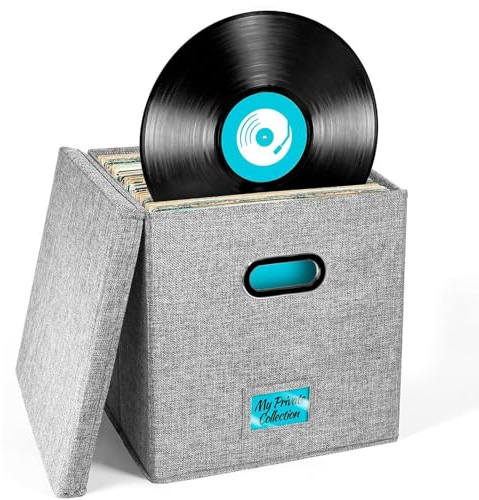 13 tum förvaringsbox för vinylskiva med lock, stor kapacitet vävt tygorganiserare för CD-skivor, DVD-skivor, skivor, album, vinylskivor | stapelbar bärbar mediehållare med bärhandtag och