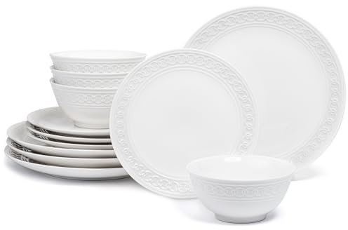 Annovero Plates and Bowls Sets - Dishes Set for 4 - Microwave Safe - 12 Piece Porcelain Dinnerware for Kitchen - Includes 4 Dinner & 4 Appetizer Plates, 4 Cereal Bowls - Zero Lead & Cadmium