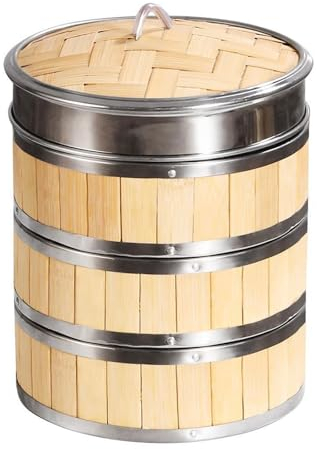 AIZYR Cesta Vaporera De Bambú De 3 Niveles Vaporera De Bambú Grande con Cubierta, Vapor Chino Vaporizador Dim Sum para Arroz, Dimsum, Verduras Y Pescado,8 Inch