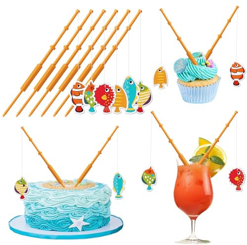 6 Pack Fishing Cupcake Toppers, Fishing Party Decorations, Fishing Birthday Party Cake Decorations Cupcake Picks for Fisherman Birthday Gone Fishing Party Decorations