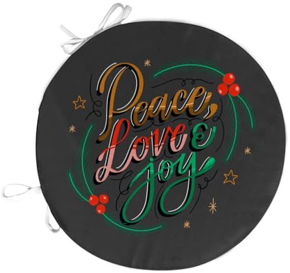 Fabulous Stuhlkissen, rund, schwarz, Peace Love and Joy Weihnachten, Stechpalme, Weihnachtsbaum, Durchmesser 40 cm