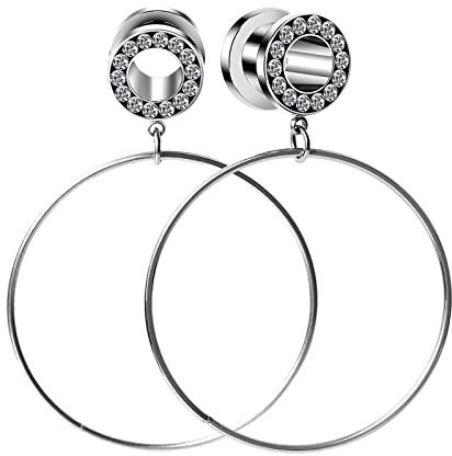 Grewod Ohr Piercing Chirurgenstahl, Silber mit Groß Creolen Hängend Zirkonia Ohr Tunnel Damen Ohr Plug Expander 4MM/6MM/8MM/10MM/12MM, 2 Stk