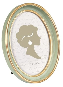 Tone Link. Vintage Ovaler Bilderrahmen 4x6 Zoll, Luxus Antiker Fotorahmen mit Glasfront, Tisch- und Wandaufhängung, Salbeigrün und Gold