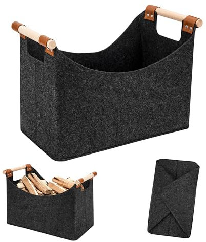 Tunejoy Cesta de Fieltro para Almacenamiento, Cesta de Leña Plegable Bolsas de Fieltro para Leña con Asa para Juguetes, Ropa, Fruta, Periódicos 40 x 22 x 27cm
