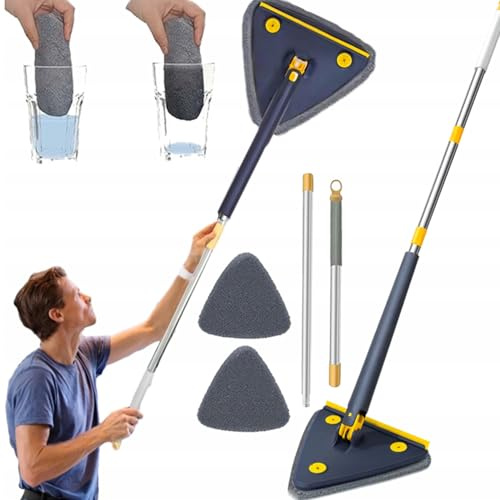 Hooha 2 in 1 Auswringfunktion Fensterputzer Dreieck Fensterreiniger mit Teleskopstiel Stange 127cm Abzieher und 2 Mikrofaserbezug Effizient und Bequem für Fenster/Glas/Boden/Badezimmer (Blau)
