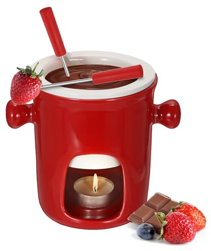 SUMNACON Keramike Schokofondue-Topf-Set mit 2 Gabeln, Schoko Fondueset,Käsefondue für Schokolade Käse Fondue zum Familienessen Nachtisch Picknicks Geburtstagsfeiern Urlaubsfeiern Rot 280ml