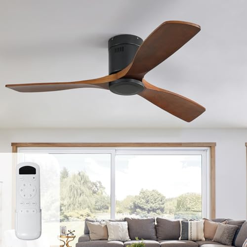 Sofucor Ventilateur de Plafond avec Télécommande, 132 cm, Bois Massif, 3 Pales, Télécommande, 6 Vitesses, Moteur DC Silencieux, Minuterie pour Chambre