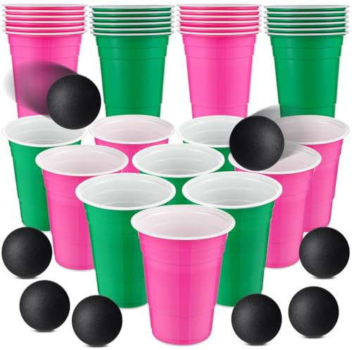 30 Pcs Cup Table Tennis Game Set 22 Plastic Party Cups 15 oz and 8 Black Balls Reusable Pink and Green Cups Ball Game for Drinks Picnics Birthday Halloween Christmas New Year Party Games Favors