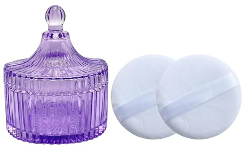 Qopoto Body Powder Puff and Container, Glass Box for Dust Puff, Powder applicator with Case for Dusting Powder (Purple)