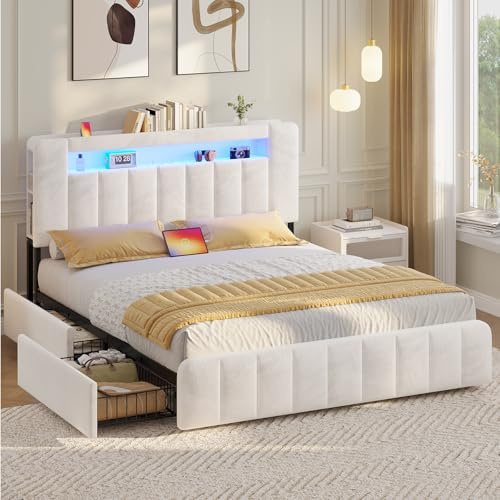 AOGLLATI Polsterbett 160x200 cm mit Stauraum - 4 Schubladen, Doppelbett mit LED-Beleuchtung & Ladestation, Bettgestell mit Kopfteil aus Samt, Bett mit Lattenrost ohne Matratze