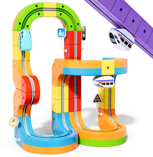 KlickRail Electric Train Set Flexible Race Track for Kids 4 6 7, Car Track for Toddlers, Building Toy Train Track Gravity-Defying 3D Embedded Layouts & Motorized Car, STEM Gift(Advanced Set(48 Piece)