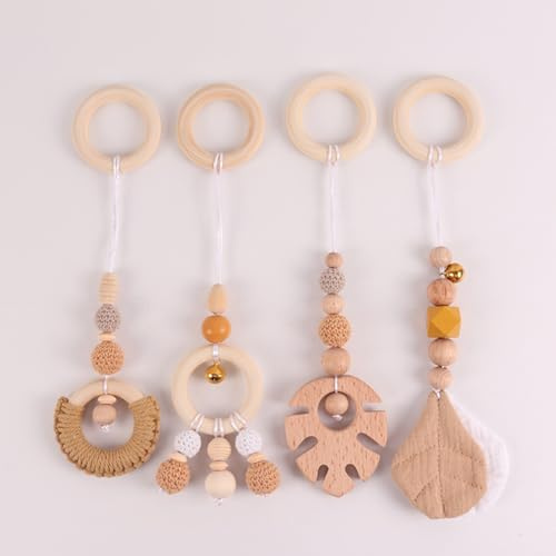 Xiyocadt 4 Stück Baby Spielbogen Anhänger, Holz Spielbogen für Hängende Spielzeug für Neugeborenen Baby Shower Geschenk (28cm,Kaki)