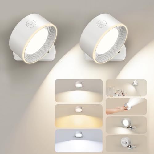 Wandleuchte Innen Akku, 3 Farben, 360° Drehbar, USB-C, Dimmbar, 2 Stück | Led Wandleuchte, Wandlampe Akku, Dimmbar für Schlafzimmer, Wohnzimmer, Kinderzimmer Treppenhaus Flur