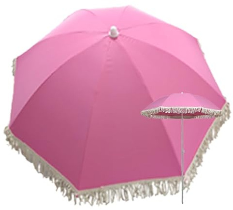 Parasol de terrasse réglable à franges rose de 1,6 m avec glands – Parasol de jardin élégant pour fêtes en plein air, terrasses, cafés et restaurants (sans base) – Parfait pour décoration de cour