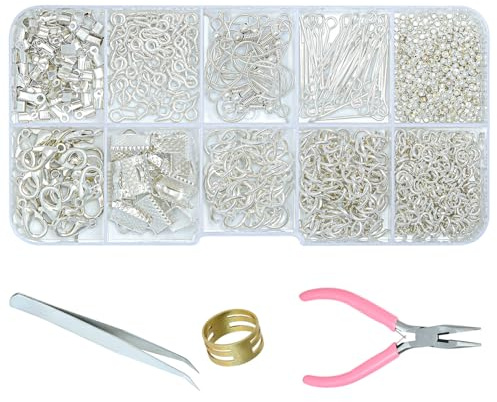 Prettme 540 Stück Weiß Gold Schmuckherstellung Zubehör Kit,Basteln Schmuck Reparatur Kit mit Biegeringe, Ohrringhaken,Quetschperlen und Schmuckzange für Armband,Halskette und Ohrringe
