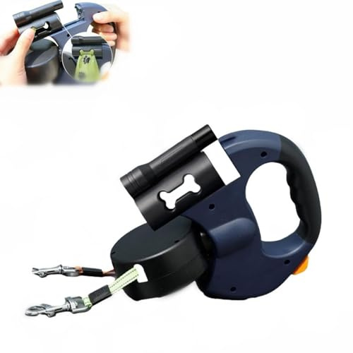 Laisse double rétractable pour 2 petits chiens, 10 m, extensible à 360°, sans enchevêtrement, avec lumière LED, poignée légère pour promenades, contrôle à un bouton de verrouillage (bleu)