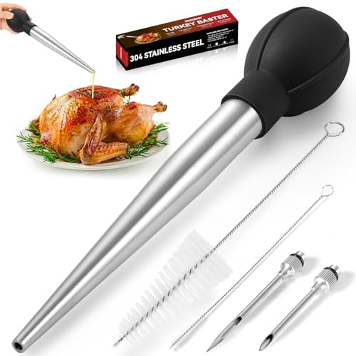 OLESBUR Stainless Steel Turkey Baster for Cooking & Kitchen - Baster Syringe for Hot Liquids - Meat and Food Injector - Large Size with 2 Needles & 2 Cleaning Brushes - Essential Thanksgiving Tool