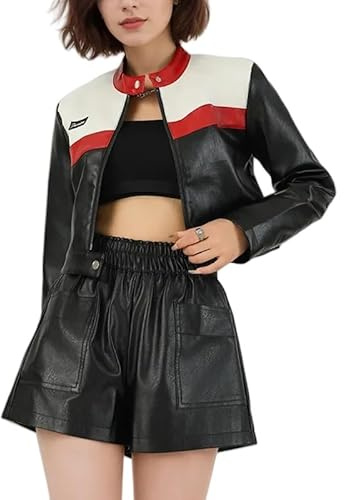 GKSMHD Veste de Moto en Similicuir Tendance pour Femme, Manteau Court a Manches Longues et Fermeture Éclair, Style Motard, Imprimé Lettres, Style Punk Rock, Automne, Rouge, S