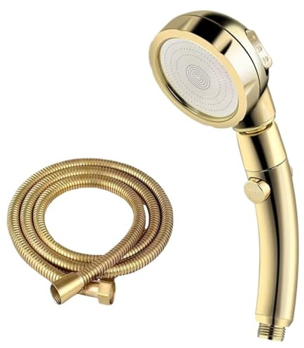 High Pressure Shower Head Set with Hose and Holder Golden 3 Modes Large Flow Rainfall Handheld Faucet Bathroom Accessoies(Gold and Hose)
