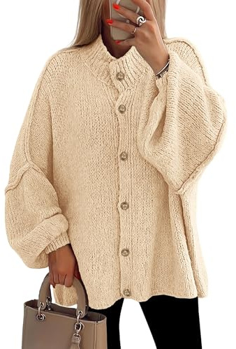 Dam vinter button down cardigan tröjor mock neck lykta långärmad tjock stickad jacka trendiga ytterkläder, BEIgE, L