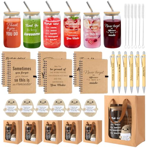 42 Pcs/6 Sets Employee Appreciation Gifts Bulk - Includes 16oz Glass Cups with Bamboo Lid, Positive Crochet, Kraft Paper Gift Bags & Straw - Thank You Gifts for Coworkers, Teachers, Staff & Team