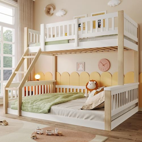 Gxffipw Etagenbett 2 Kinder Kinderbett 90x200 & 140x200 cm mit Leiter und Rausfallschutz, Hochbett Stockbett mit Minimalistisches, Holzbett Bettgestell mit Lattenrost, Weiß+Holzfarbe, Ohne Matratze