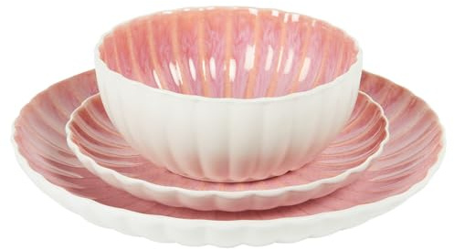 wilko 12 Piece Bora Bora Reactive Glaze Dinner Set, Pink, Scalloped Edges, Stoneware, Textured Finish, Dishwasher and Microwave Safe, Everyday and Special Occasions