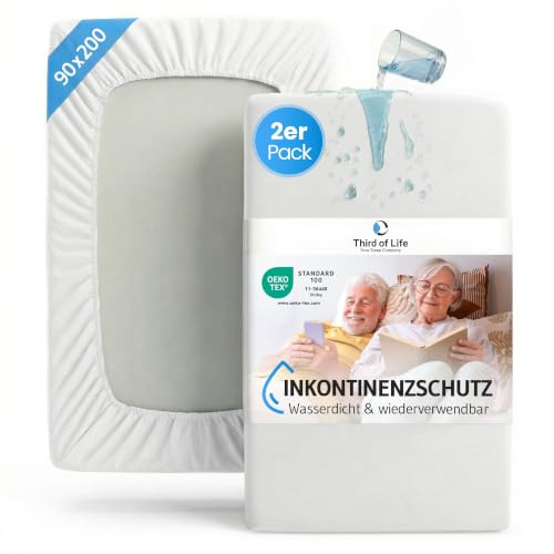Matratzenschoner 90x200 Doppelpack – geeignet bei Inkontinenz für Senioren, wasserdichte 90° waschbare Bettunterlage, atmungsaktiver Matratzenschutz, Matratzenhülle 90 x 200 cm zum Schutz vor Milben