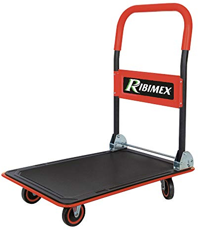 Ribimex Carrello Pieghevole da Trasporto Serie Pro, Capacità Massima 200 kg, 4 Ruote Piene in PVC con Rotazione Completa, Superficie in Lamiera d'Acciaio e Manico Ripiegabile - PRCDT150