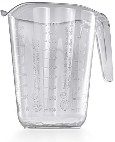 Jarra medidora de plástico transparente de 1 litro de capacidad.