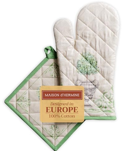 Maison d' Hermine Ensemble manique et Gant de Cuisine 100% Coton (19 x 33 cm et 20 x 20 cm) Gants résistants à la Chaleur pour Manipuler Les Plats Chauds, Printemps-été (Jardin du Roy)