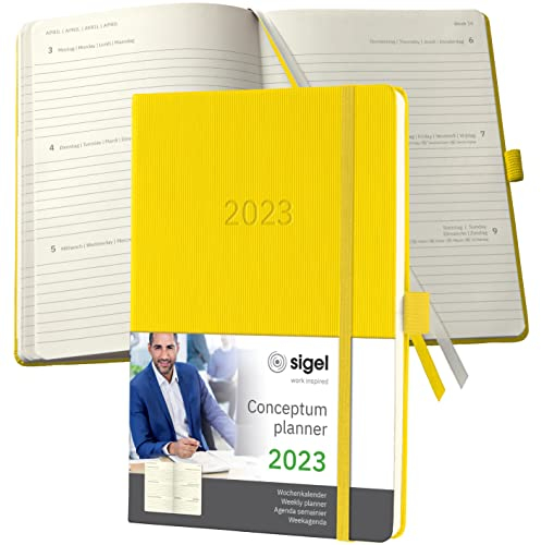 SIGEL C2370 Terminplaner Wochenkalender 2023 - ca. A5 - gelb - Hardcover - 192 Seiten - Gummiband, Stiftschlaufe, Archivtasche - PEFC-zertifiziert - Conceptum
