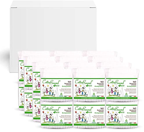 COTTON SOUND ECO Bastoncini Cotonati Busta 24 confezioni x 160 Pezzi, Bastoncini Cotonati Ecologici e Biodegradabili, 100% Puro Cotone Idrofilo, Busta Compostabile, Made in Italy