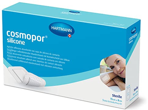 Cosmopor Silicone: Apósito Estéril con Capa de Contacto de Silicona; Retirada Indolora; 15x8cm; 5 Unidades