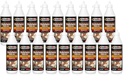 Isolbau Holzleim PRO-D3-18 x 750 ml (860 g) Extra starker Holzkleber für alle Holzarten, für Innen & Außen, Wasserfest, Lösemittelfrei