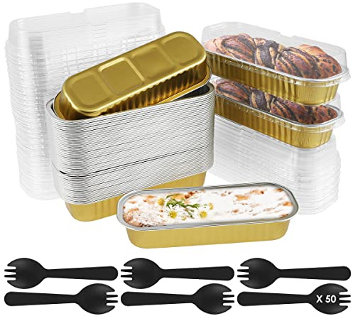harupink 150Pcs/50Set Mini Loaf Pans with Lids and Spoons 200ml Non-Stick Aluminum Loaf Tins Reusable Square Foil Bread Container Heat-Resistant Narrow Cake Baking Pans for Home Kitchen
