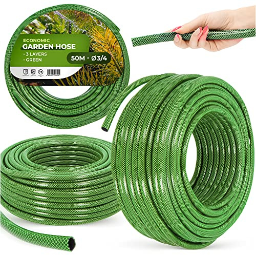 Tubo da giardino 3/4, 50 m, verde, rinforzato, a 3 strati, resistente ai raggi UV, flessibile, flessibile, per irrigazione, giardinaggio, autolavaggio