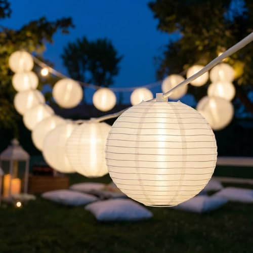 25FT White Lantern String Lights,10 Nylon Hanging Lantern Decor with G40 LED Bulbs, Waterproof Connectable Wedding Lanterns, White Lanterns Decorative Outdoor & Indoor for Bedroom, Patio, Camping