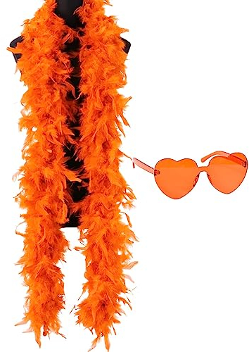 Regenbogen-Federboa, 200 cm, rosa Federboa, Federboa und Herzbrille, Anzug für Weihnachten, Halloween, Tanzen, Hochzeit, Party und Cosplay (orange)