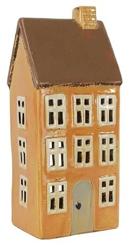 mucHome Windlicht Haus für Teelicht aus Keramik Teelichthaus Lichthaus (Beige 10x8x24cm)