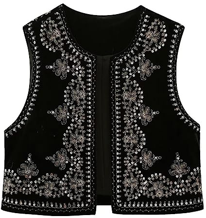 Qianderer Gilet da donna vintage ricamato floreale Y2k lino aperto davanti senza maniche cardigan moda fiore gilet gilet